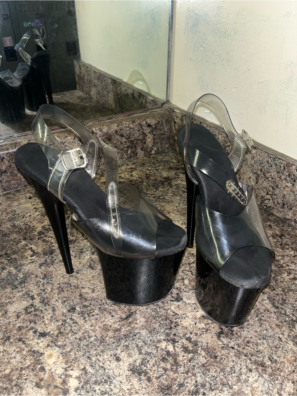 Pleaser Clear Strappy Platform Heels - Black